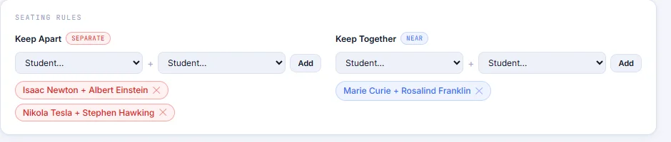 Kredits Class Editor Keep Apart pairs, Isaac Newton and Albert Einstein, Nikola Tesla and Stephen Hawking, and a Keep Together pair, Marie Curie and Rosalind Franklin