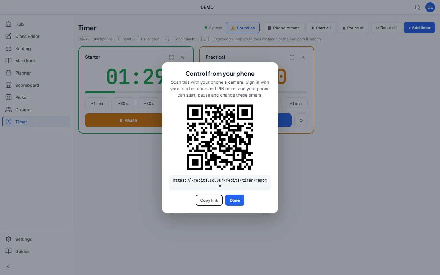 Kredits Timer showing a QR code to open the phone remote