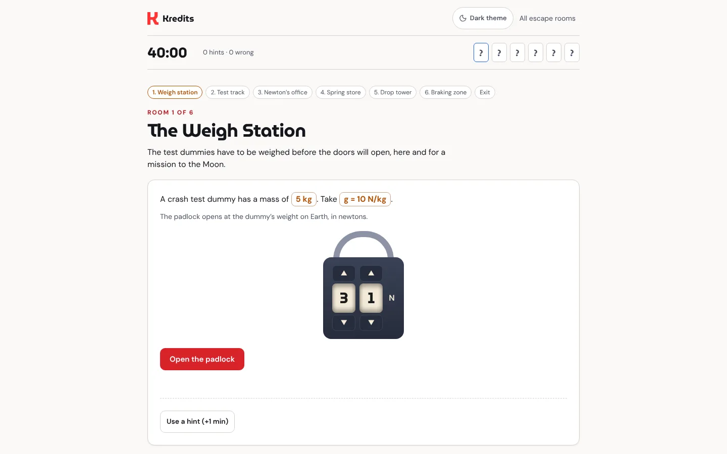 A Kredits escape room: The Weigh Station, a GCSE Physics forces lock where pupils set a three-digit padlock to the crash test dummy's weight in newtons
