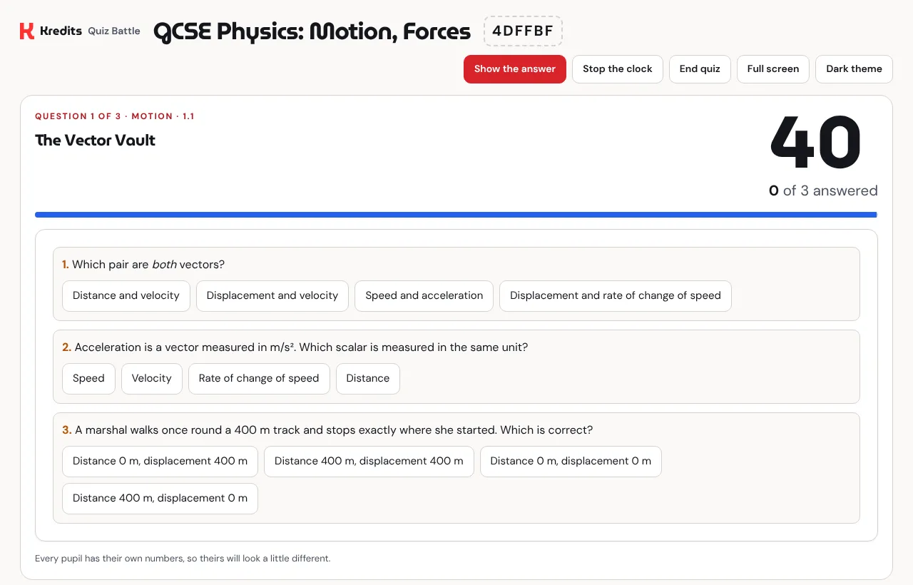 Quiz Battle board showing question 1 of 3, The Vector Vault, with a 40-second countdown and 0 of 3 answered